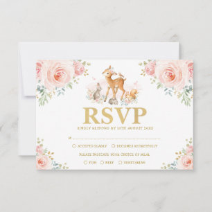 Chic Blush Gold Woodland Floral Baby Animals RSVP Card