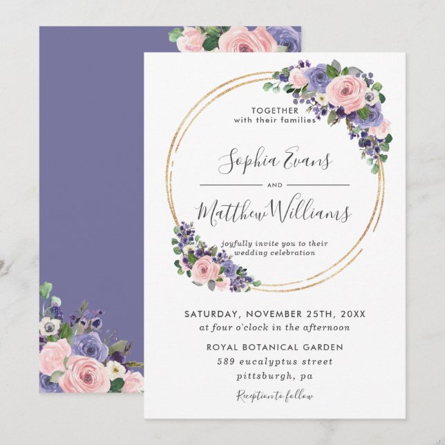 Chic Blush Lavender Purple Floral Gold Wedding Invitation (Front/Back)