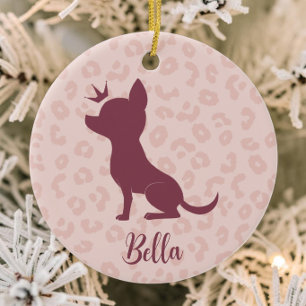 Chic Blush Leopard Princess Chihuahua Ceramic Tree Decoration