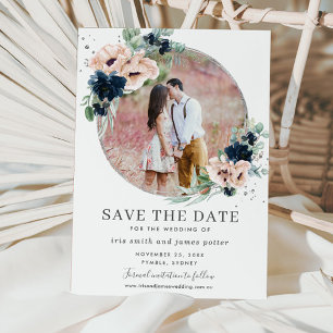 Chic Blush Navy Blue Floral Silver Greenery Photo Save The Date