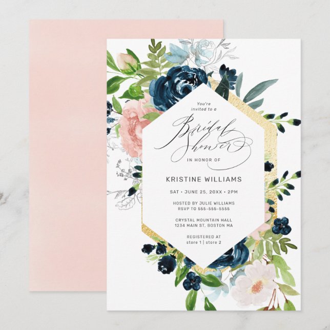 Chic Blush Navy Blue Rose Floral Bridal Shower Invitation (Front/Back)