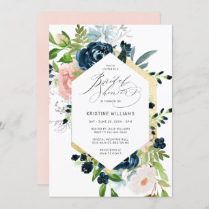 Chic Blush Navy Blue Rose Floral Bridal Shower Invitation