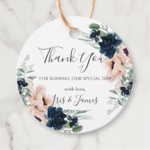 Chic Blush Navy Blue Rose Floral Wedding Thank You Favour Tags