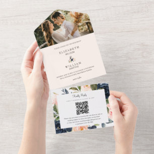 Chic Blush & Navy Floral Wedding QR Code Photo All In One Invitation