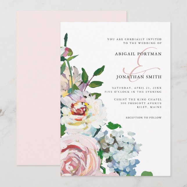 Chic Blush Pastel Watercolor Floral Blooms Wedding Invitation (Front/Back)