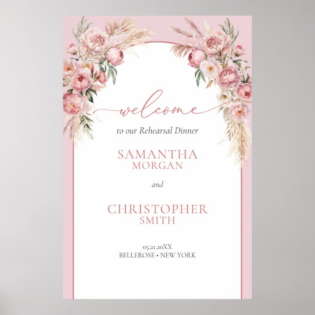 Chic blush peonies pampas arch Welcome rehearsal Poster (Front)