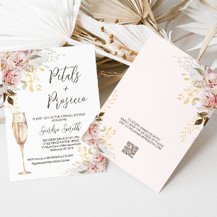 Chic Blush Petals Prosecco QR Code Bridal Shower Invitation