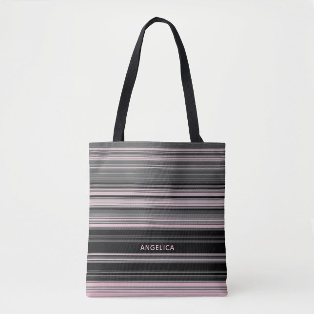 Chic Blush Pink and Black Stripes with Name Tote Bag (Front)