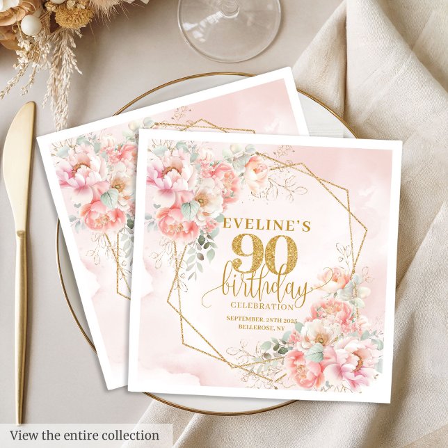 Chic blush pink and gold 90th birthday cocktail  napkin (Chic blush pink and gold 90th birthday cocktail Napkins)