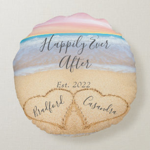 Chic Blush Pink Beach Couples Hearts Sand  Round Cushion