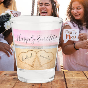 Chic Blush Pink Beach Couples Hearts Sand  Shot Glass