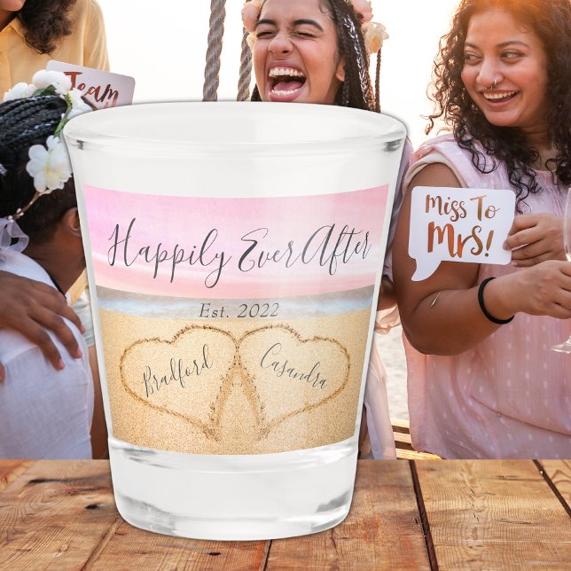 Chic Blush Pink Beach Couples Hearts Sand  Shot Glass (Creator Uploaded)