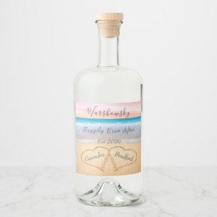 Chic Blush Pink Beach Wedding 2 Heart Sand Liquor Bottle Label