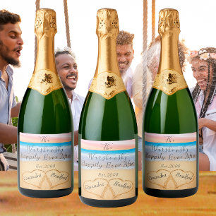 Chic Blush Pink Beach Wedding 2 Heart Sand Sparkli Sparkling Wine Label