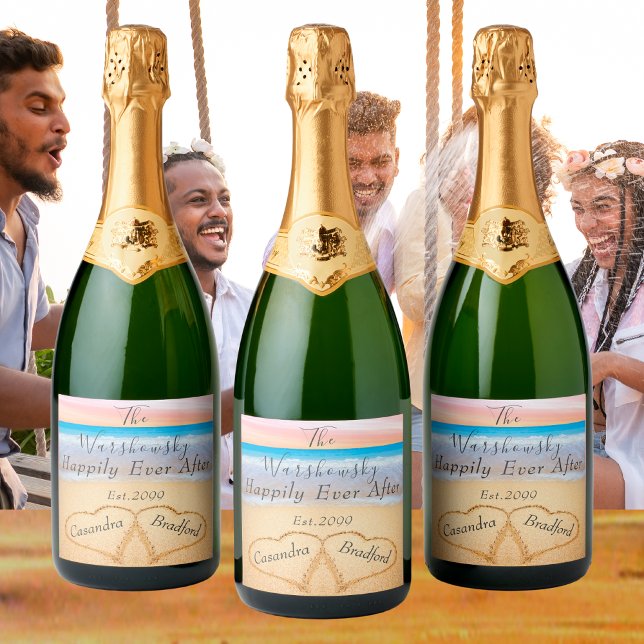 Chic Blush Pink Beach Wedding 2 Heart Sand Sparkli Sparkling Wine Label (Creator Uploaded)