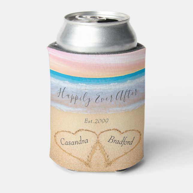 Chic Blush Pink Beach Wedding 2 Hearts Can Cooler (Can Back)