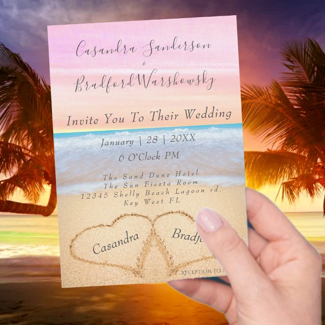 Chic Blush Pink Beach Wedding 2 Hearts in the Sand Invitation (Creator Uploaded)