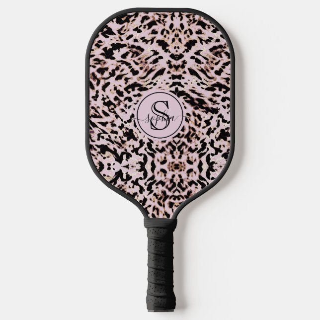 Chic Blush Pink Black Gold Leopard Print Girls Pickleball Paddle (Front)