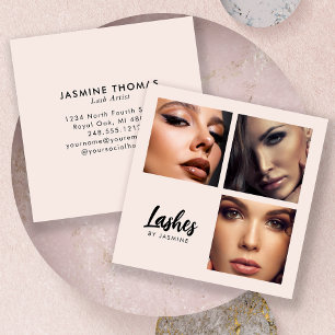 Chic Blush Pink Black Script 3 Photo Lash Artist Square Business Card