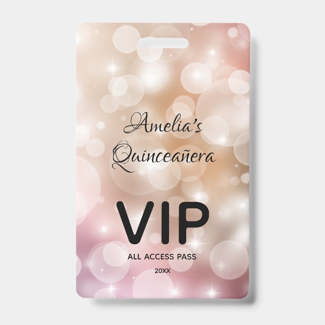 Chic Blush Pink Bokeh Quinceañera Invite VIP Pass ID Badge (Front)