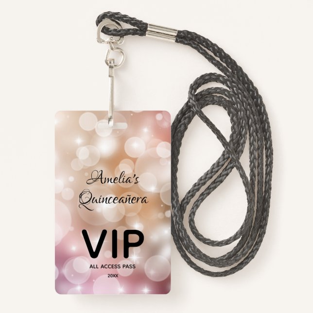 Chic Blush Pink Bokeh Quinceañera Invite VIP Pass ID Badge (Front with Lanyard)