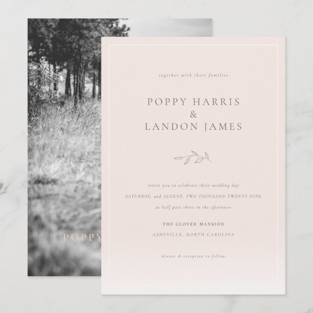 Chic Blush Pink Botanical Photo Wedding Invitation (Front/Back)