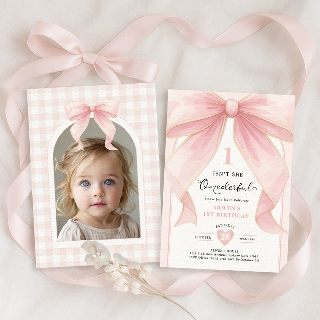 Chic Blush Pink Bow ONEderful Girl 1st Birthday Invitation (Creator Uploaded)