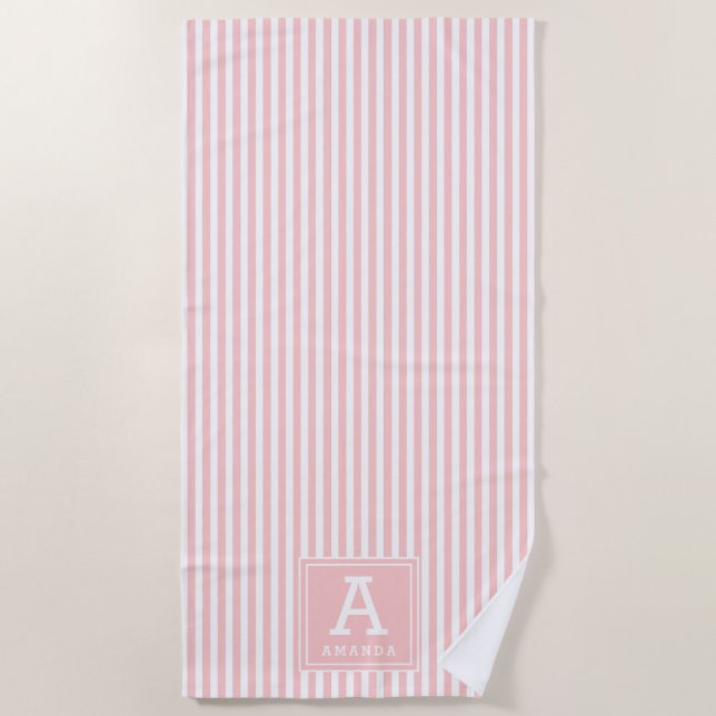 Chic Blush Pink Cabana Stripes Monogrammed Initial Beach Towel (Front)
