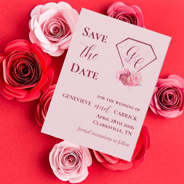 Chic Blush Pink & Crimson Red Save The Date Card (Creator Uploaded)