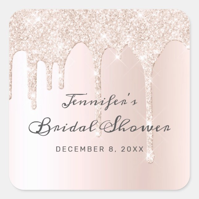 Chic Blush Pink Dripping Glitter Bridal Shower Square Sticker (Front)