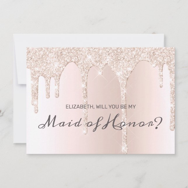 Chic Blush Pink Dripping Glitter Maid of Honour Invitation (Front)