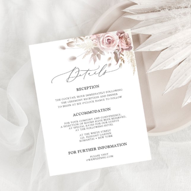 Chic Blush Pink Dusty Rose Floral Wedding Details Enclosure Card (Creator Uploaded)