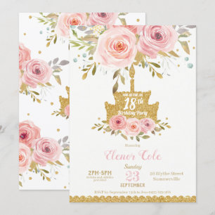 Chic Blush Pink Floral 18th Birthday Cake Invitation