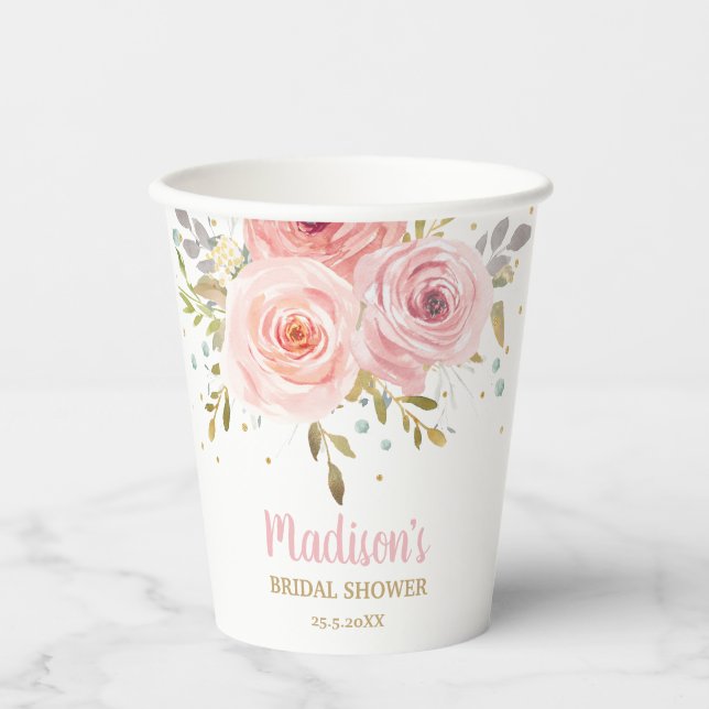 Chic Blush Pink Floral Baby Shower Birthday Party Paper Cups (Front)