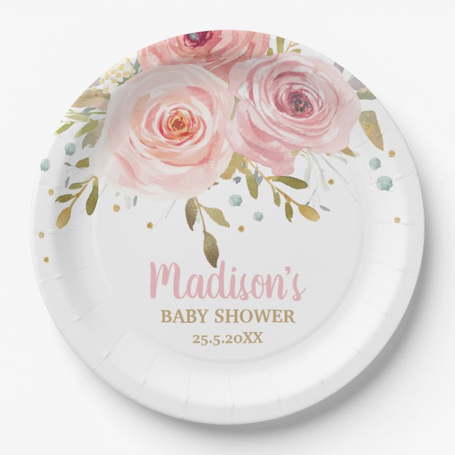Chic Blush Pink Floral Baby Shower Birthday Party Paper Plate (Front)