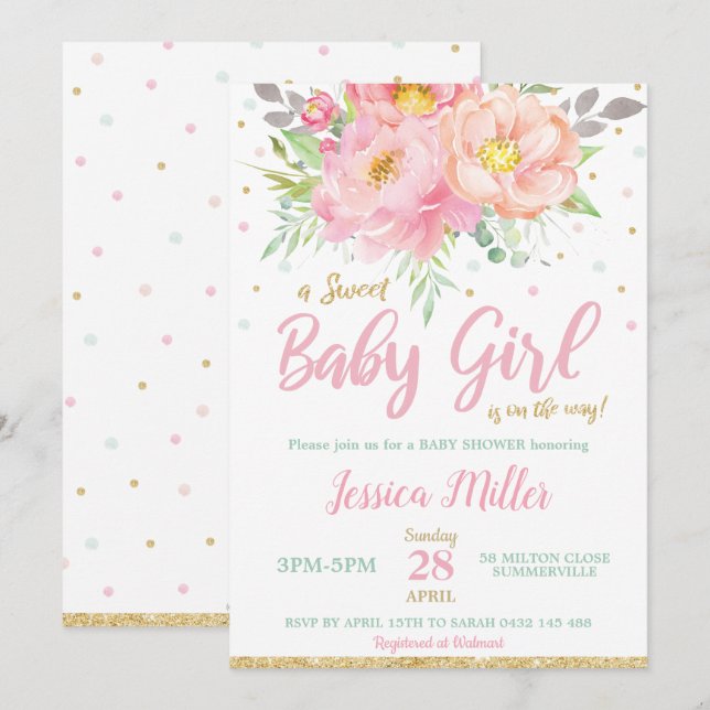 Chic Blush Pink Floral Baby Shower Mint Baby Girl Invitation (Front/Back)