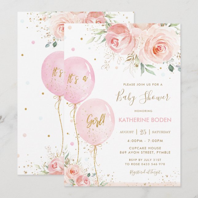 Chic Blush Pink Floral Balloons Gold Baby Shower Invitation (Front/Back)