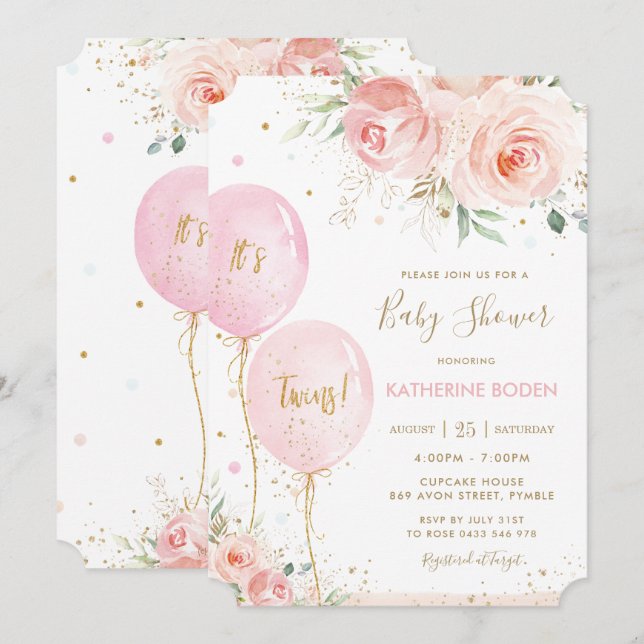 Chic Blush Pink Floral Balloons Twins Baby Shower Invitation (Front/Back)