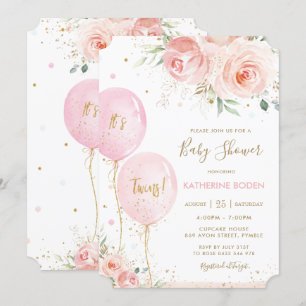 Chic Blush Pink Floral Balloons Twins Baby Shower Invitation