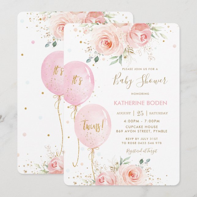 Chic Blush Pink Floral Balloons Twins Baby Shower Invitation (Front/Back)