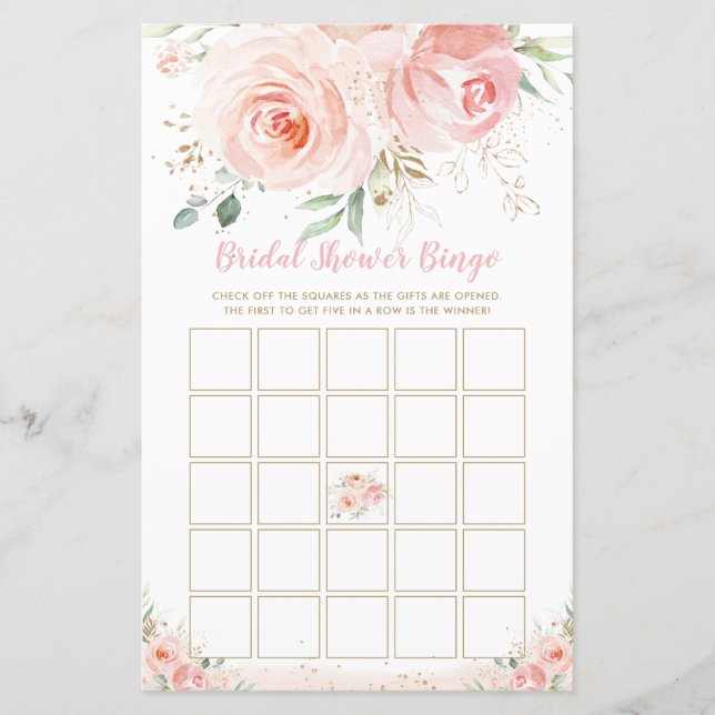 Chic Blush Pink Floral Bridal Shower Bingo Game (Front)