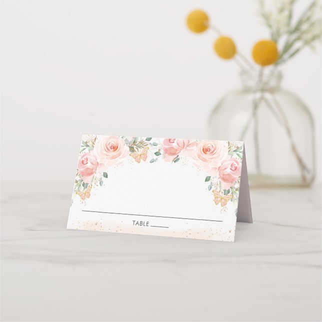 Chic Blush Pink Floral Butterflies Guest Name Plac Place Card (Front)