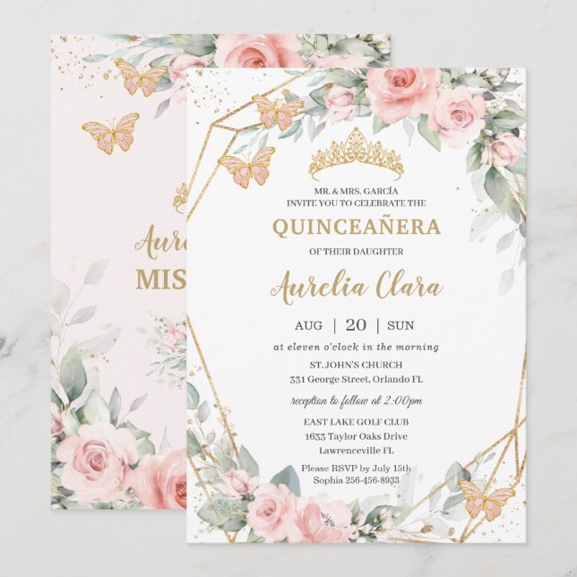 Chic Blush Pink Floral Butterflies Quinceañera Invitation (Front/Back)