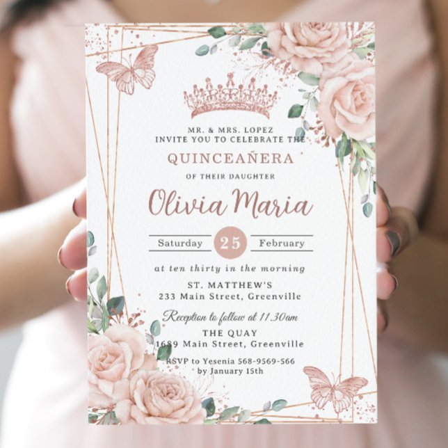 Chic Blush Pink Floral Butterflies Quinceañera Invitation (Creator Uploaded)