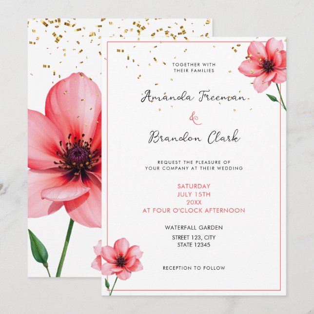 Chic Blush Pink Floral Confetti Frame Wedding Invitation (Front/Back)