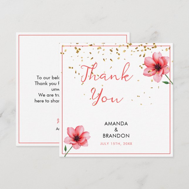 Chic Blush Pink Floral Confetti Frame Wedding Thank You Card (Front/Back)