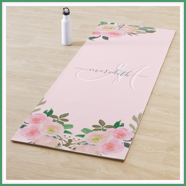 Chic Blush Pink Floral CustomMonogram Script Name  Yoga Mat (Creator Uploaded)