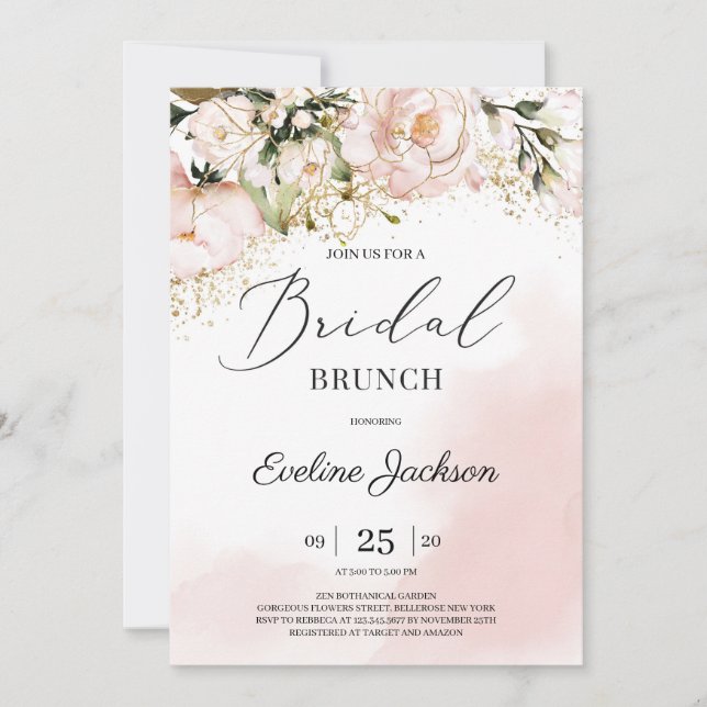 Chic Blush pink floral gold boho bridal brunch Invitation (Front)