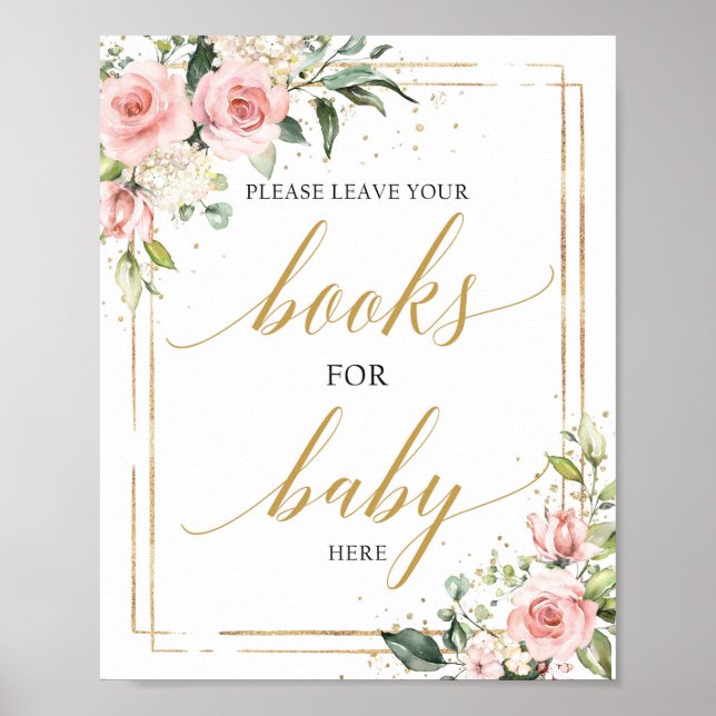 Chic blush pink floral gold books for baby sign (Front)