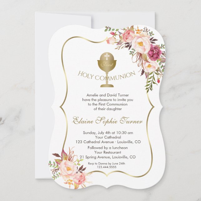 Chic Blush Pink Floral Gold Chalice Holy Communion Invitation (Front)